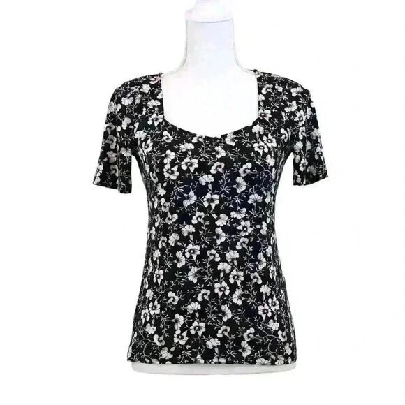 WHBM Black Floral Ruched Sweetheart Blouse – Size XS - Picture 1 of 7